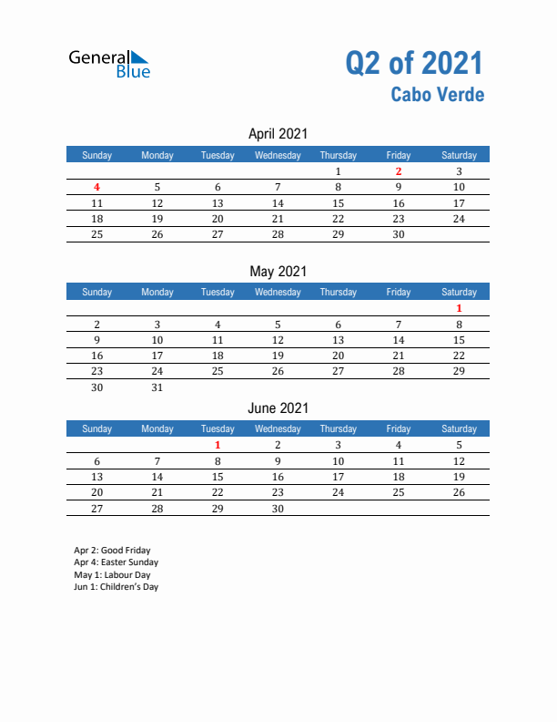 Cabo Verde Q2 2021 Quarterly Calendar with Sunday Start