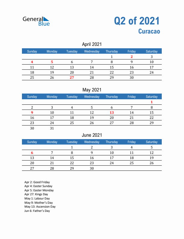 Curacao Q2 2021 Quarterly Calendar with Sunday Start