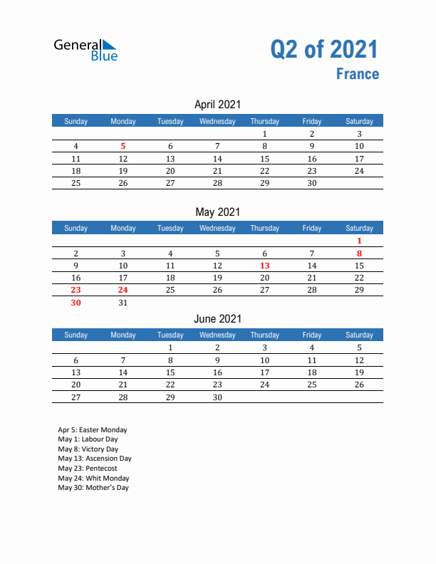 France Q2 2021 Quarterly Calendar with Sunday Start