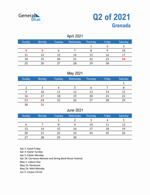 Grenada Q2 2021 Quarterly Calendar with Sunday Start