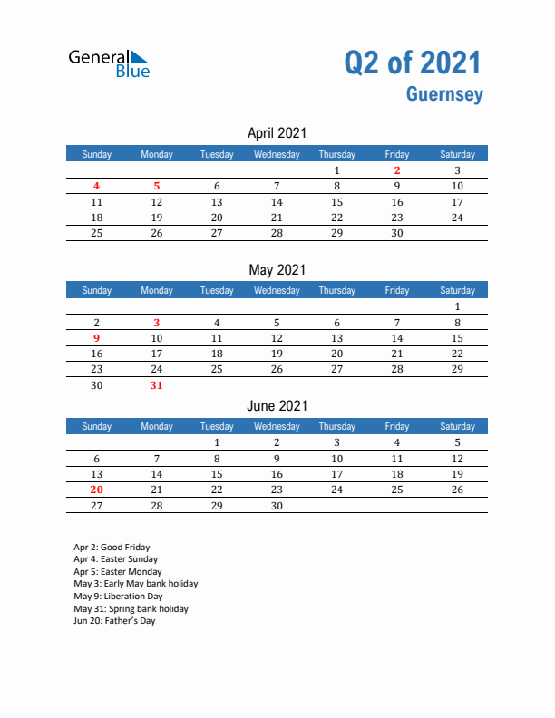 Guernsey Q2 2021 Quarterly Calendar with Sunday Start