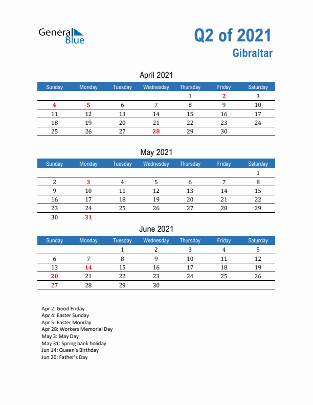 Gibraltar Q2 2021 Quarterly Calendar with Sunday Start