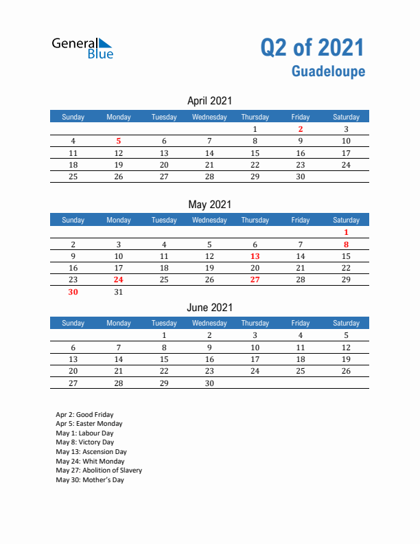 Guadeloupe Q2 2021 Quarterly Calendar with Sunday Start