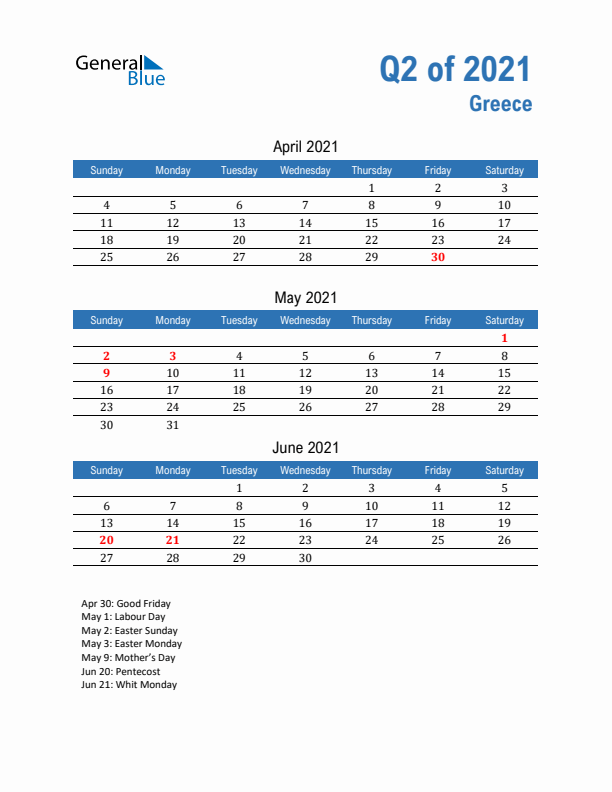 Greece Q2 2021 Quarterly Calendar with Sunday Start