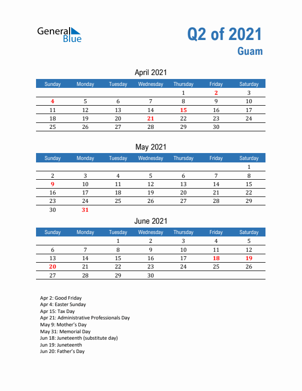 Guam Q2 2021 Quarterly Calendar with Sunday Start