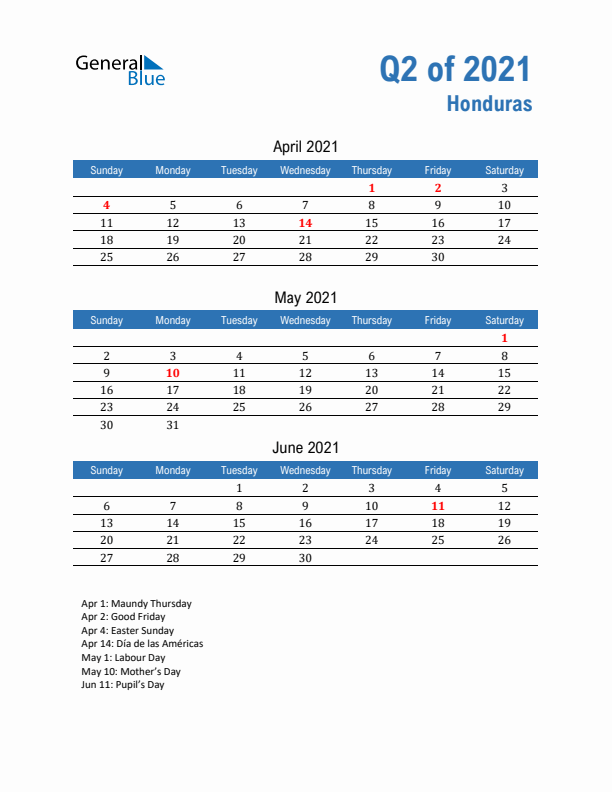 Honduras Q2 2021 Quarterly Calendar with Sunday Start