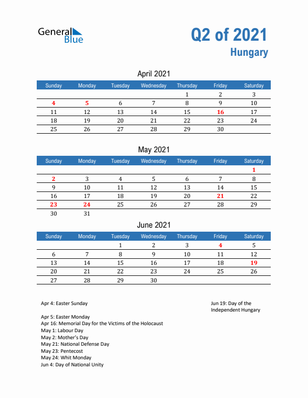 Hungary Q2 2021 Quarterly Calendar with Sunday Start