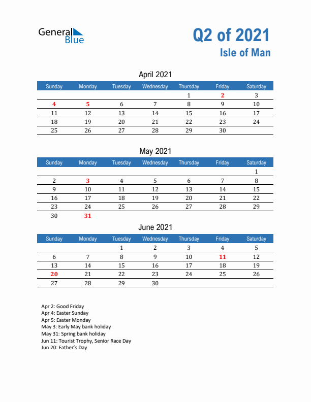 Isle of Man Q2 2021 Quarterly Calendar with Sunday Start