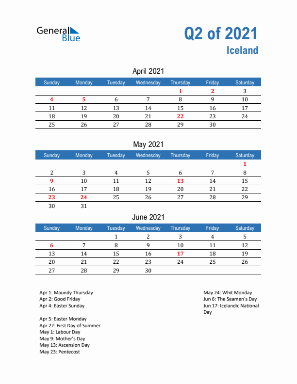 Iceland Q2 2021 Quarterly Calendar with Sunday Start