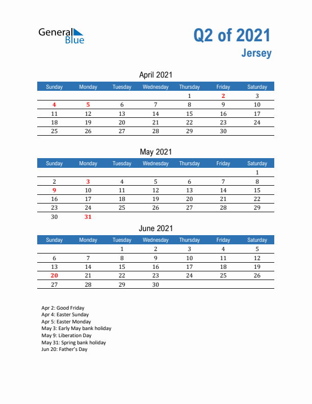 Jersey Q2 2021 Quarterly Calendar with Sunday Start