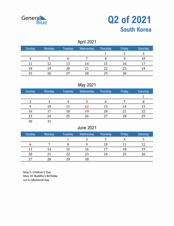 South Korea Q2 2021 Quarterly Calendar with Sunday Start