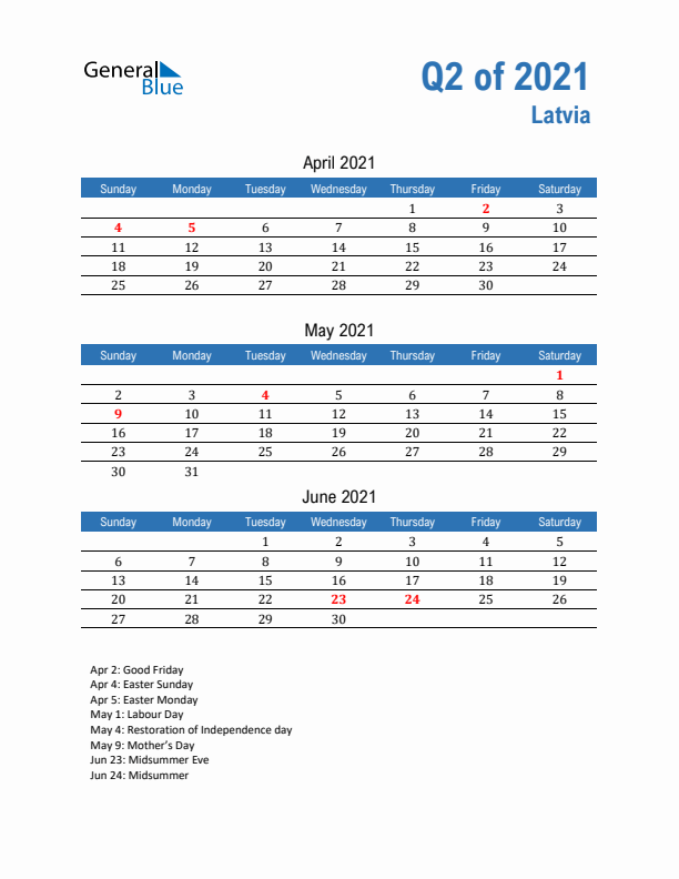 Latvia Q2 2021 Quarterly Calendar with Sunday Start