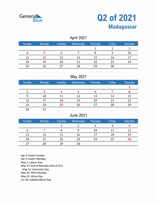 Madagascar Q2 2021 Quarterly Calendar with Sunday Start