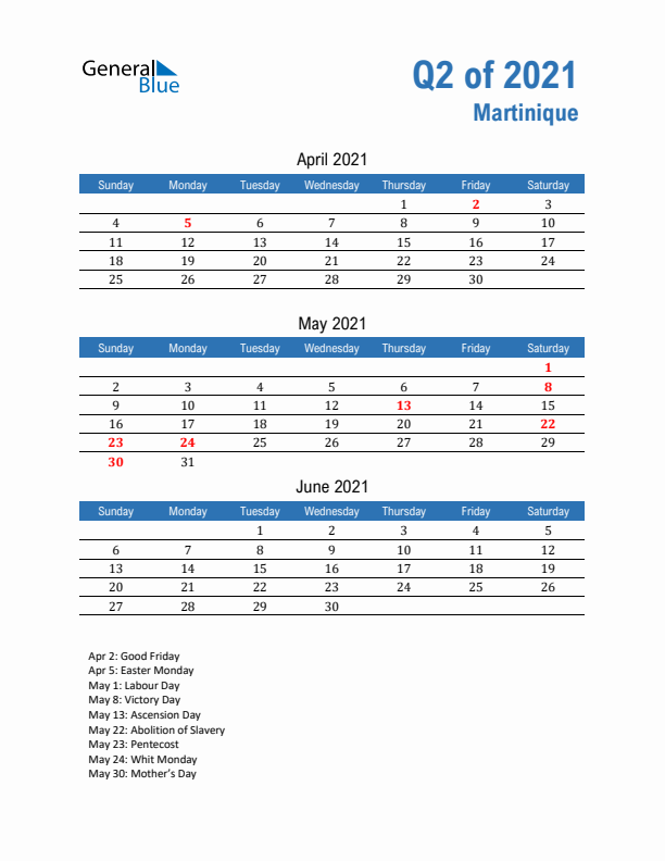 Martinique Q2 2021 Quarterly Calendar with Sunday Start