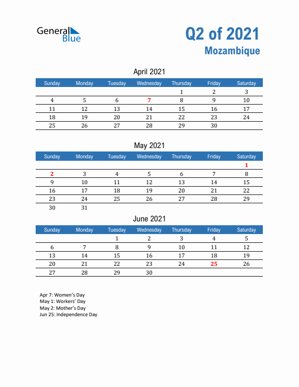 Mozambique Q2 2021 Quarterly Calendar with Sunday Start