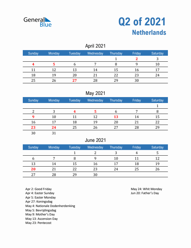 The Netherlands Q2 2021 Quarterly Calendar with Sunday Start