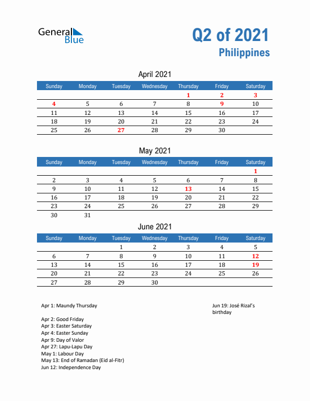 Philippines Q2 2021 Quarterly Calendar with Sunday Start