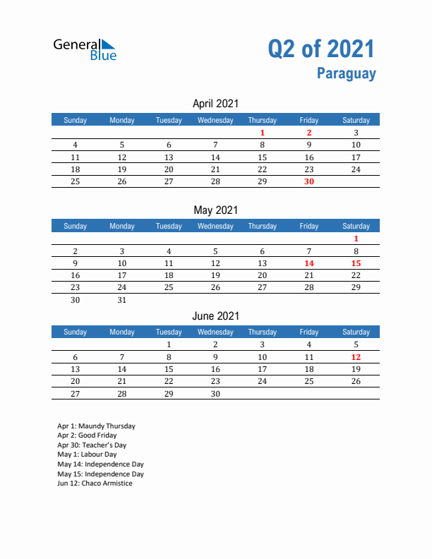 Paraguay Q2 2021 Quarterly Calendar with Sunday Start