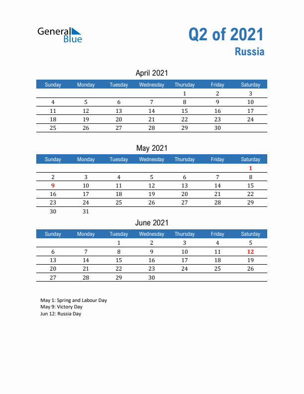 Russia Q2 2021 Quarterly Calendar with Sunday Start