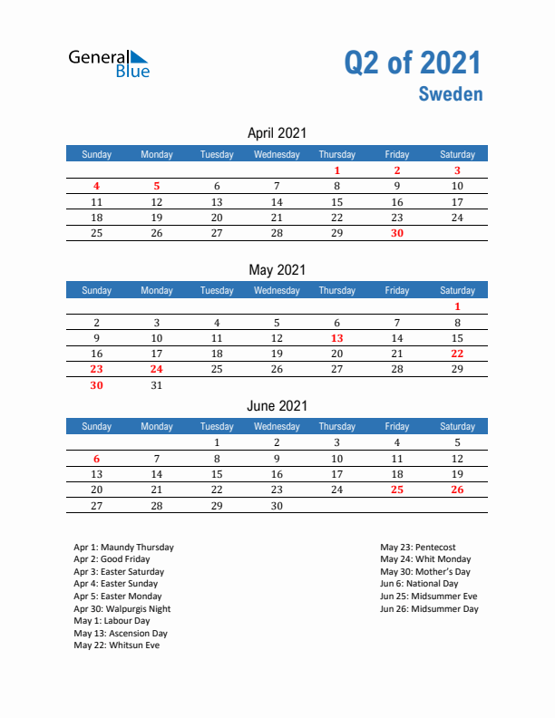 Sweden Q2 2021 Quarterly Calendar with Sunday Start