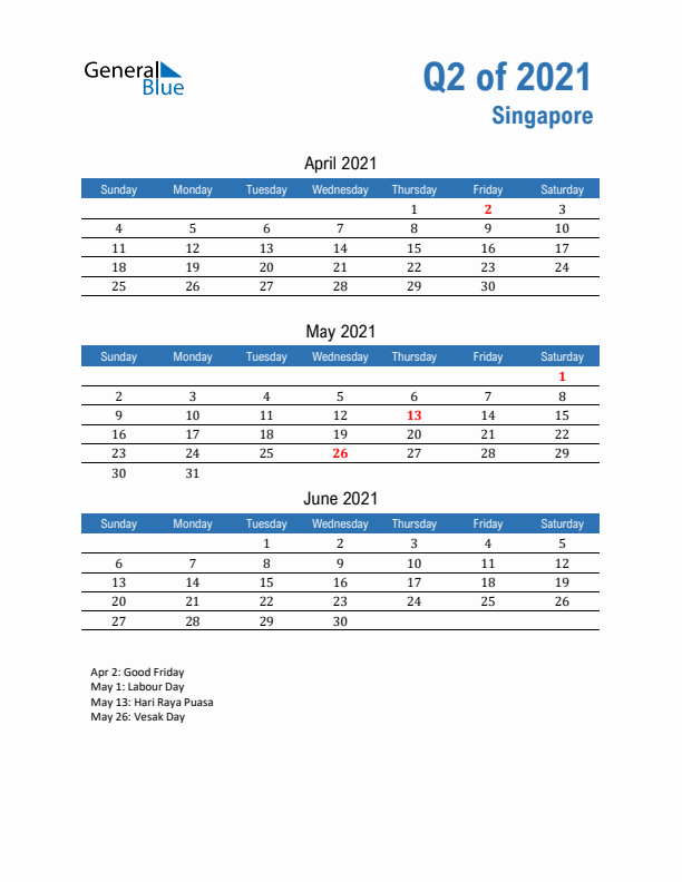 Singapore Q2 2021 Quarterly Calendar with Sunday Start