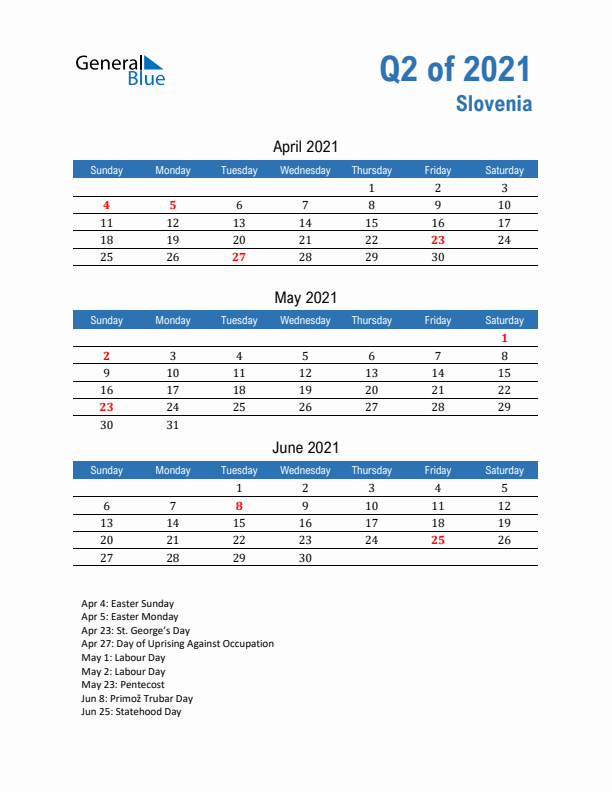 Slovenia Q2 2021 Quarterly Calendar with Sunday Start