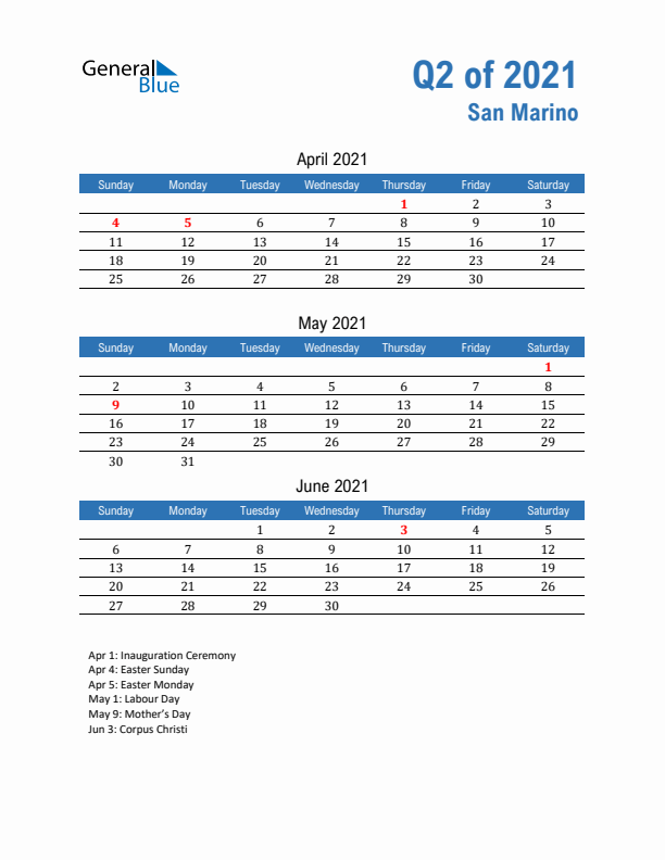 San Marino Q2 2021 Quarterly Calendar with Sunday Start