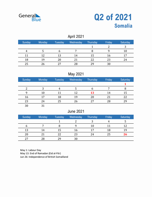 Somalia Q2 2021 Quarterly Calendar with Sunday Start