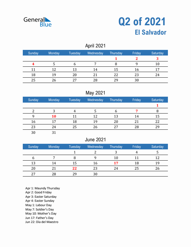 El Salvador Q2 2021 Quarterly Calendar with Sunday Start