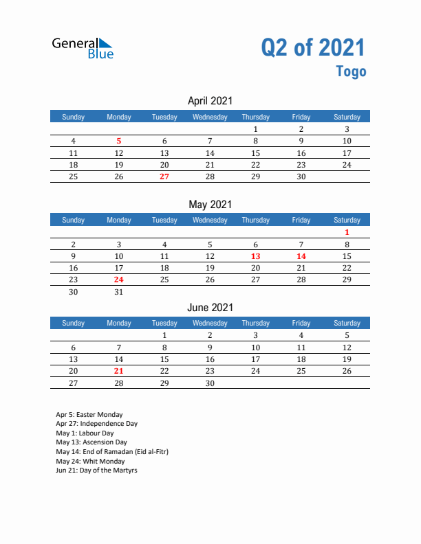 Togo Q2 2021 Quarterly Calendar with Sunday Start