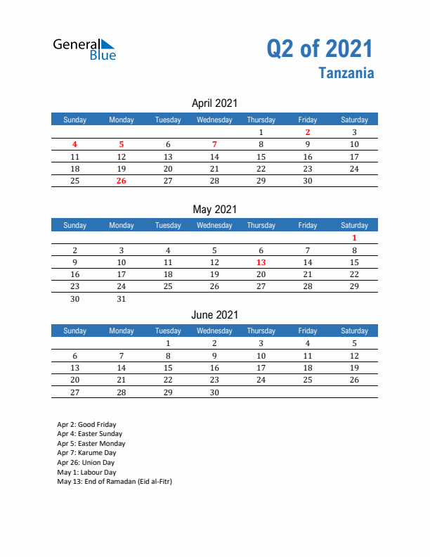 Tanzania Q2 2021 Quarterly Calendar with Sunday Start