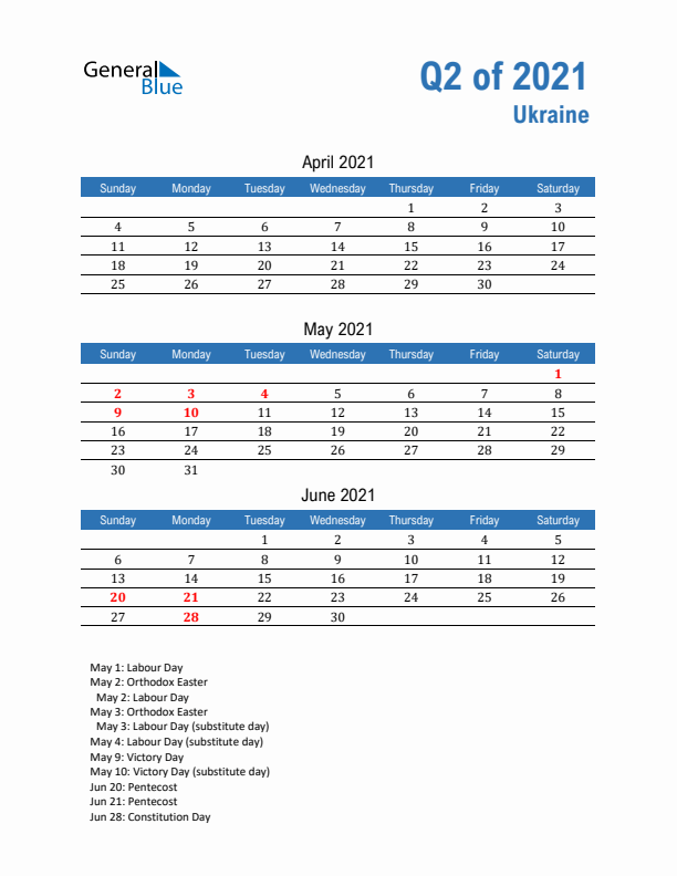 Ukraine Q2 2021 Quarterly Calendar with Sunday Start