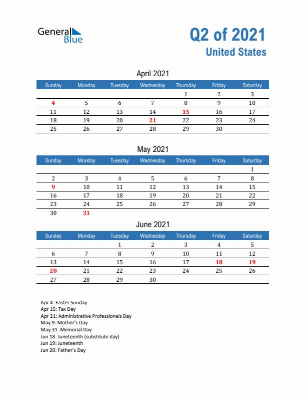 United States Q2 2021 Quarterly Calendar with Sunday Start