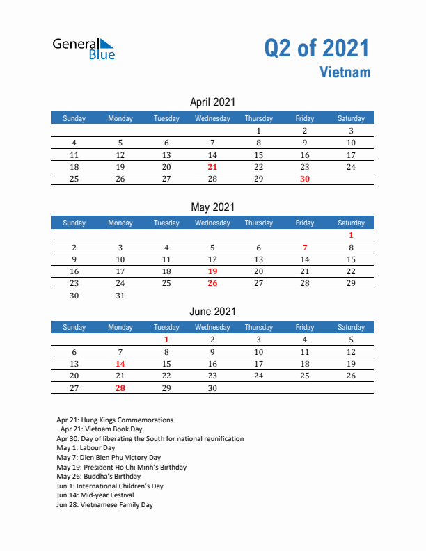 Vietnam Q2 2021 Quarterly Calendar with Sunday Start