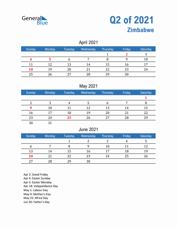 Zimbabwe Q2 2021 Quarterly Calendar with Sunday Start