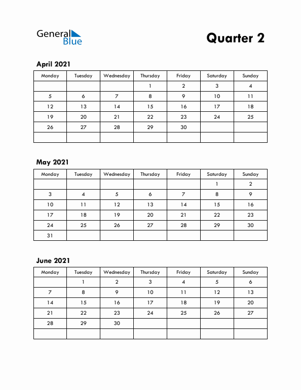 Quarter 2 2021 Calendar - Monday Start