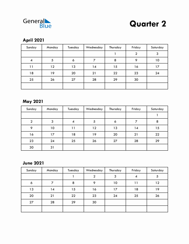 Quarter 2 2021 Calendar - Sunday Start