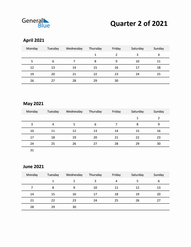 2021 Three-Month Calendar (Quarter 2)