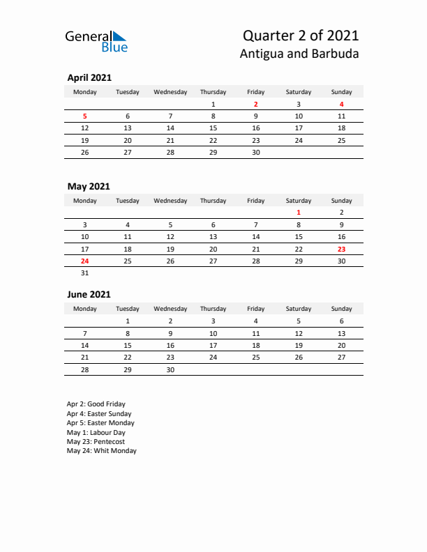 2021 Q2 Three-Month Calendar for Antigua and Barbuda