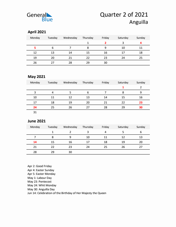 2021 Q2 Three-Month Calendar for Anguilla