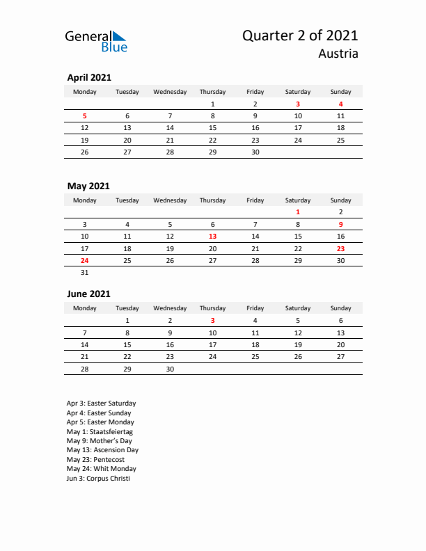 2021 Q2 Three-Month Calendar for Austria