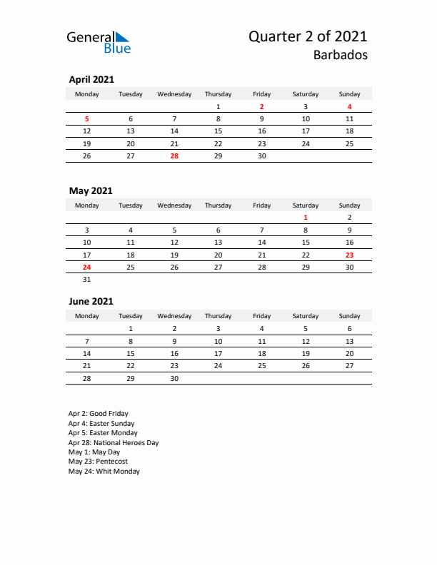 2021 Q2 Three-Month Calendar for Barbados