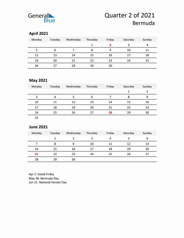 2021 Q2 Three-Month Calendar for Bermuda