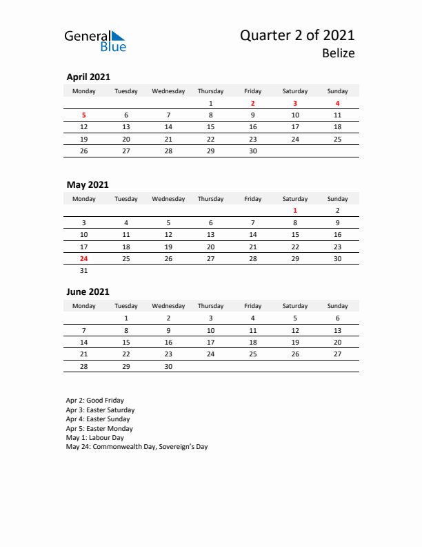 2021 Q2 Three-Month Calendar for Belize