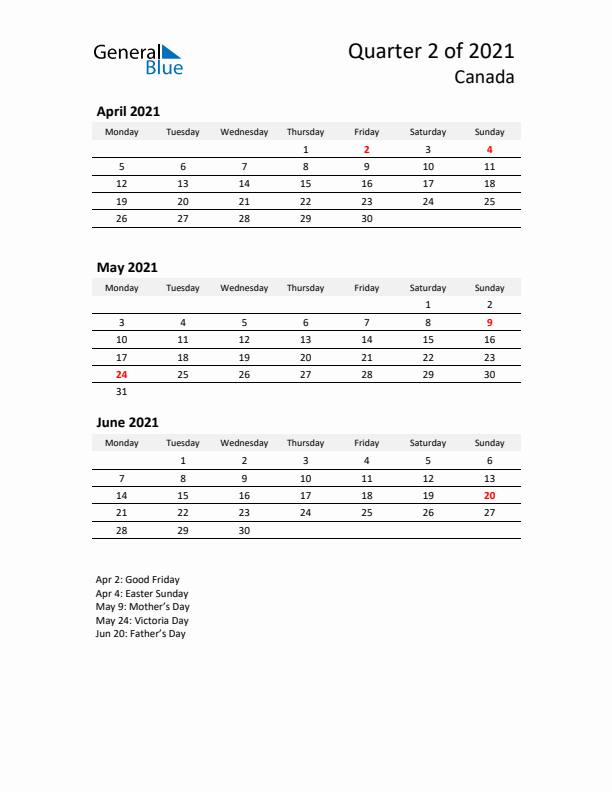 2021 Q2 Three-Month Calendar for Canada