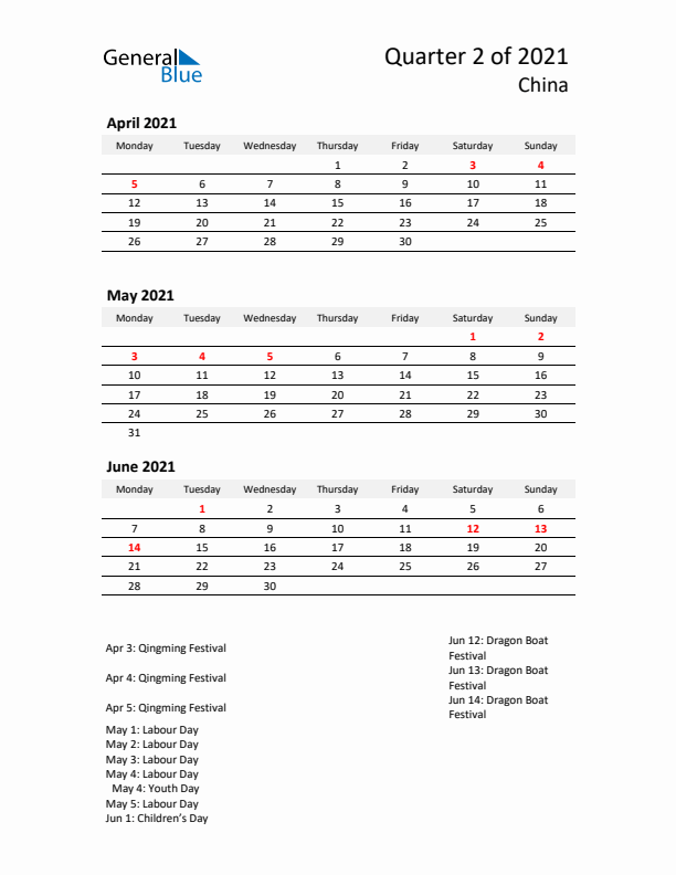 2021 Q2 Three-Month Calendar for China