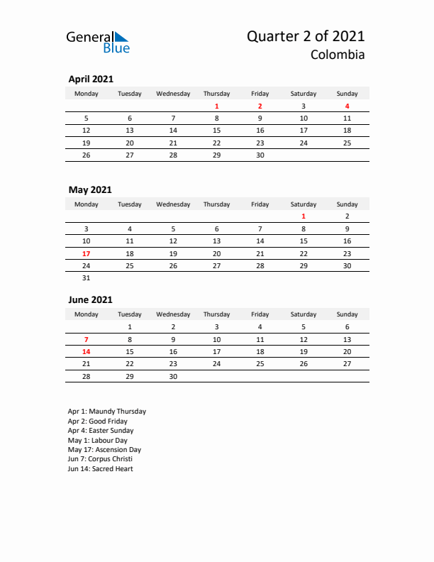 2021 Q2 Three-Month Calendar for Colombia