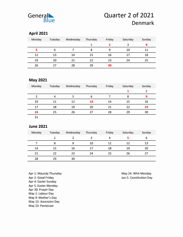 2021 Q2 Three-Month Calendar for Denmark