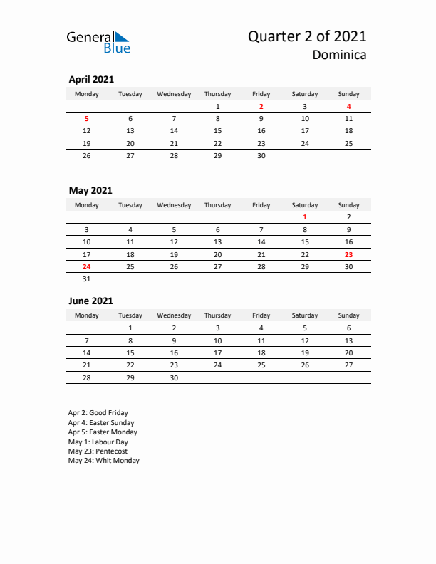 2021 Q2 Three-Month Calendar for Dominica