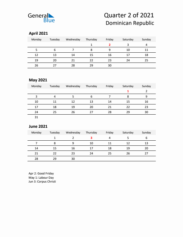 2021 Q2 Three-Month Calendar for Dominican Republic